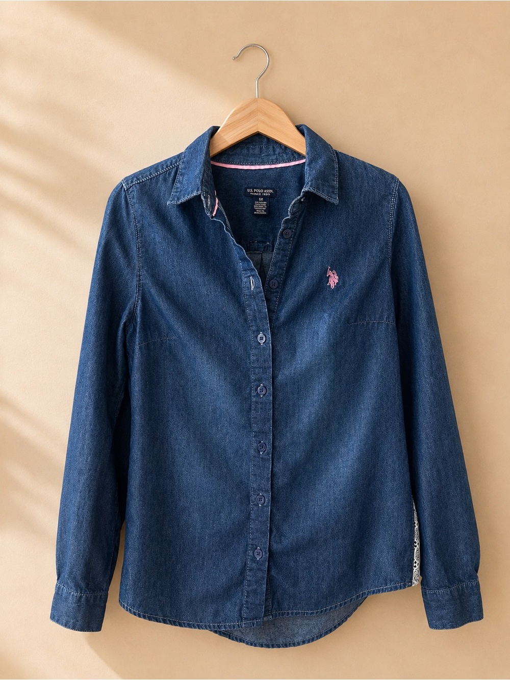 U.S. Polo Assn. Dark Blue Denim Button-Down Shirt with Pink Logo